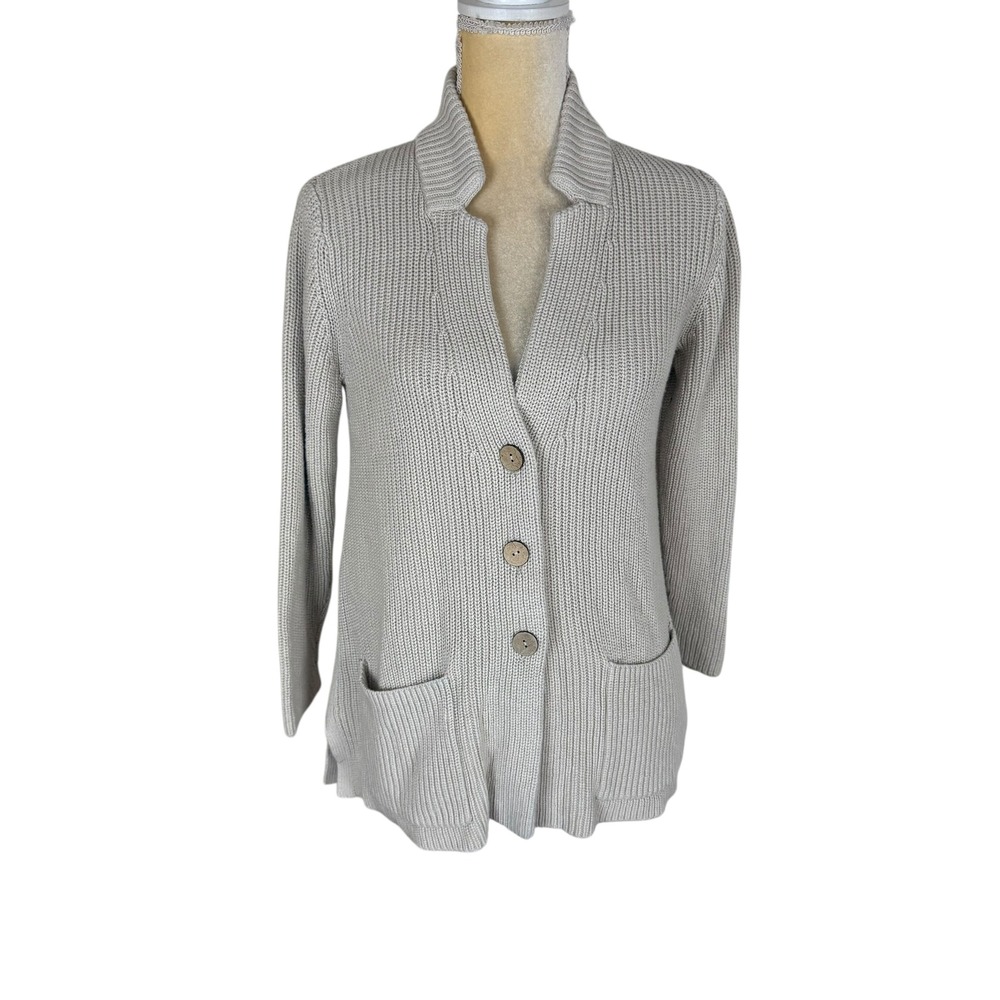 J.Jill Button‎ Front Knit Cardigan Sweater Pockets Collar Beige Cotton Blend S